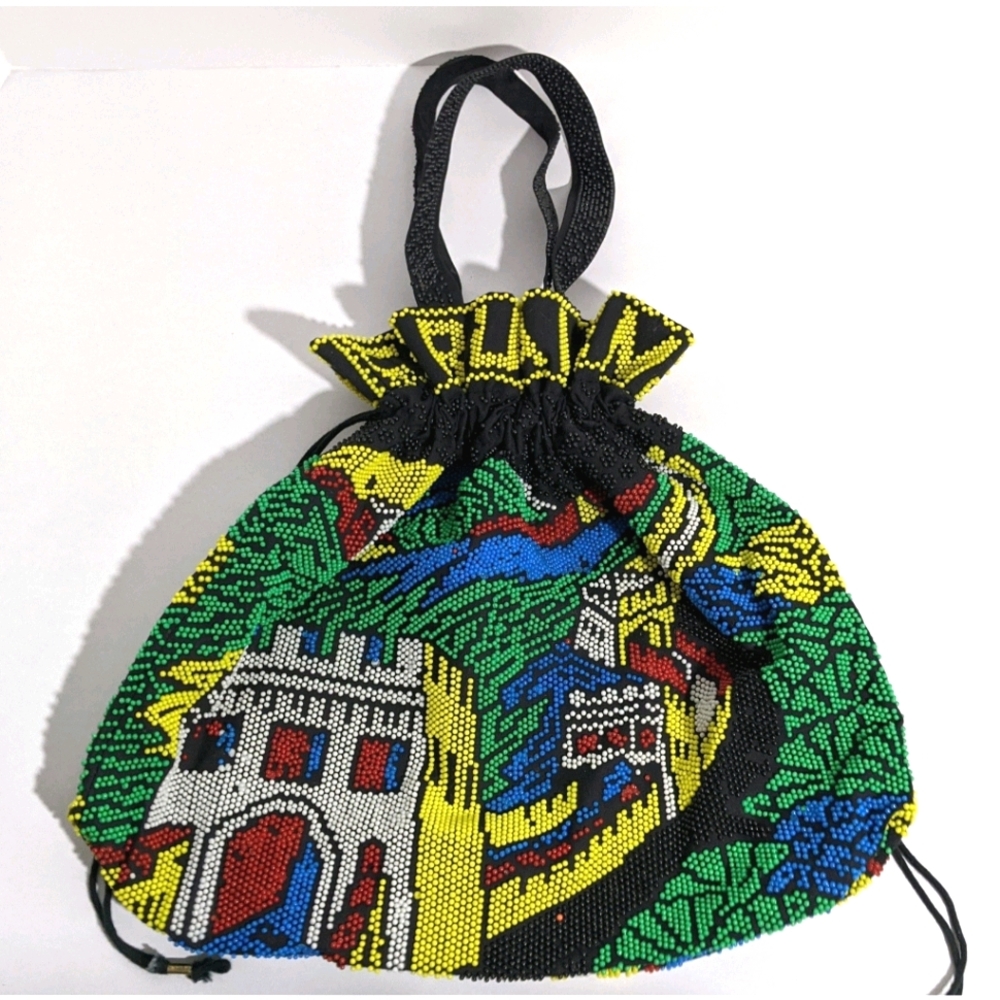 Vintage 80's Kitsch Beaded Jerusalem Tote Handbag - Picture 3 of 5